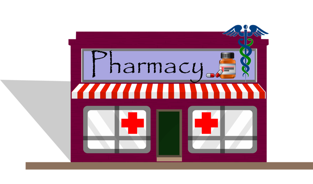 Cartoonlike image of a pharmacy signifying where a person would use a Medicare Part D plan.
